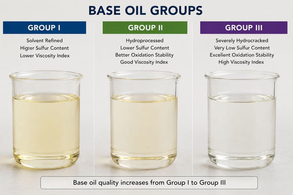 Base Oil Groups Comparison Chart showing Group I Group II Group III Group IV and Group V base oils with viscosity index sulfur content and performance comparison