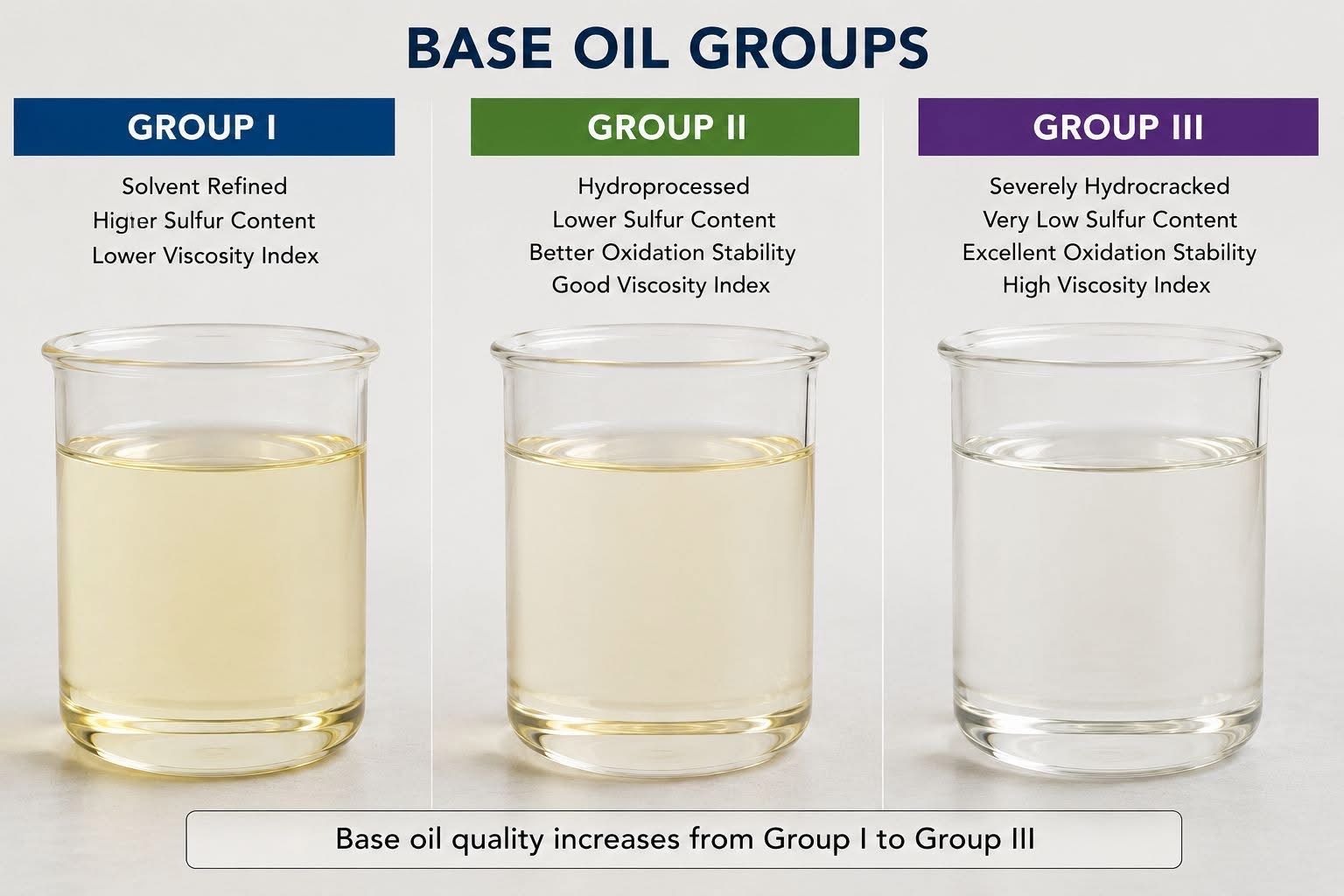 Base Oil Groups Comparison Chart showing Group I Group II Group III Group IV and Group V base oils with viscosity index sulfur content and performance comparison